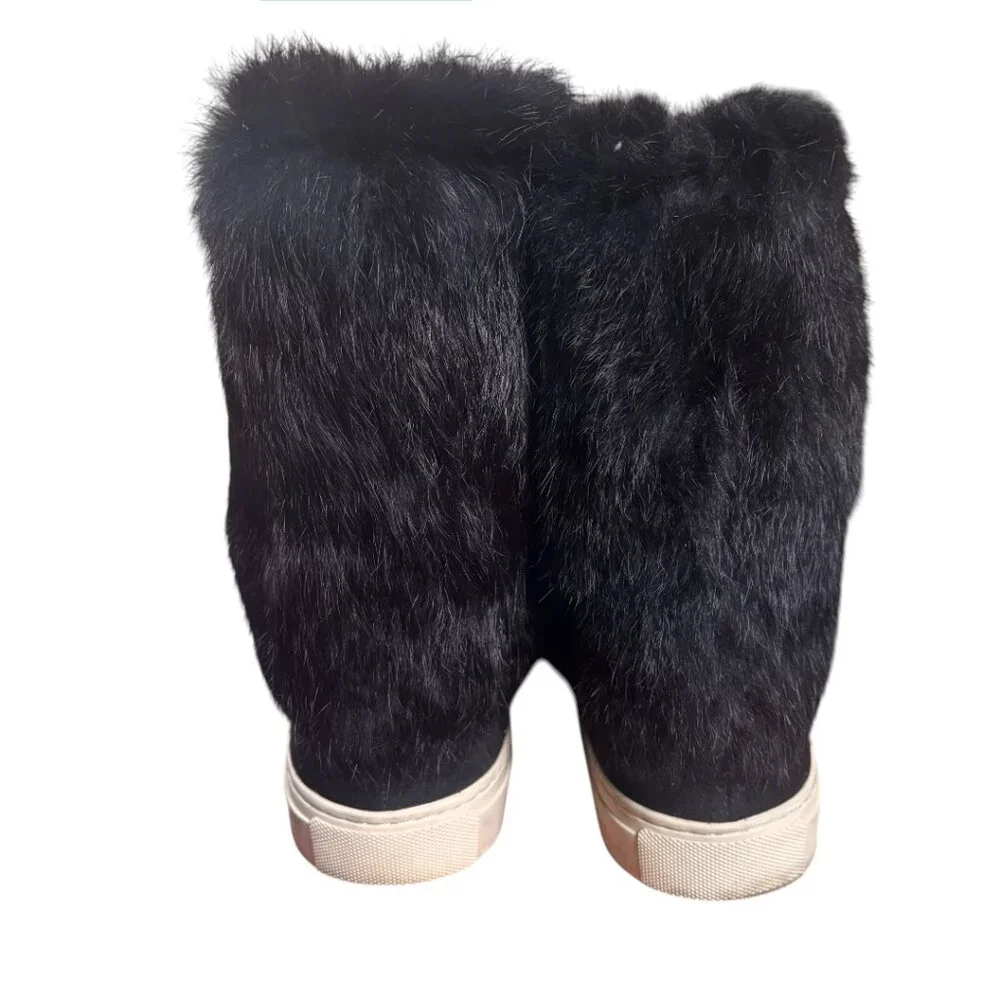TORY BURCH‎ GENUINE FUR SNOW BUNNY TASSEL SUEDE BLACK BOOTS SIZE 7 EUC